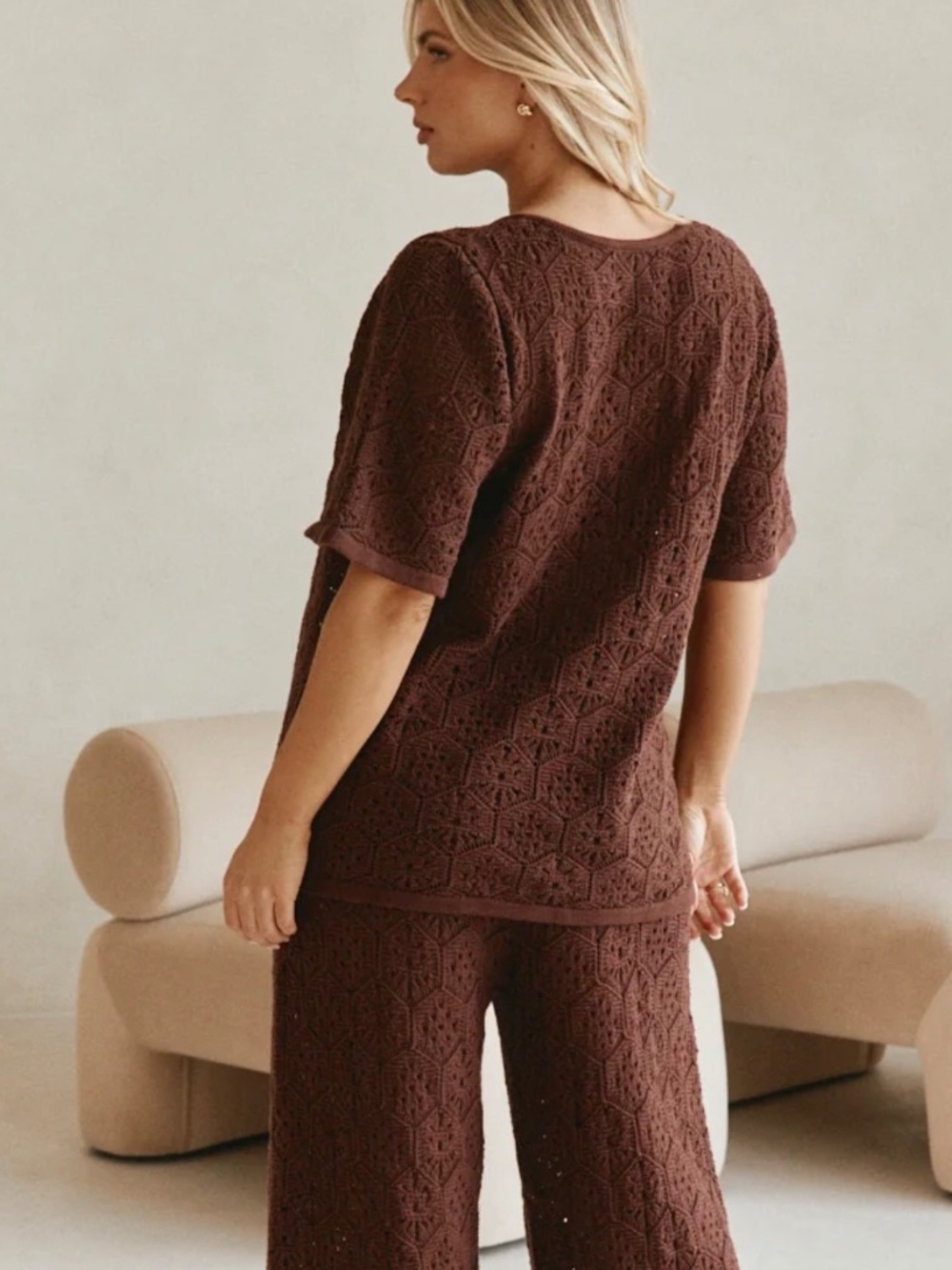 SABO Crochet knit Button Brown Umiko Top L-XL Cotton - Picture 2 of 12